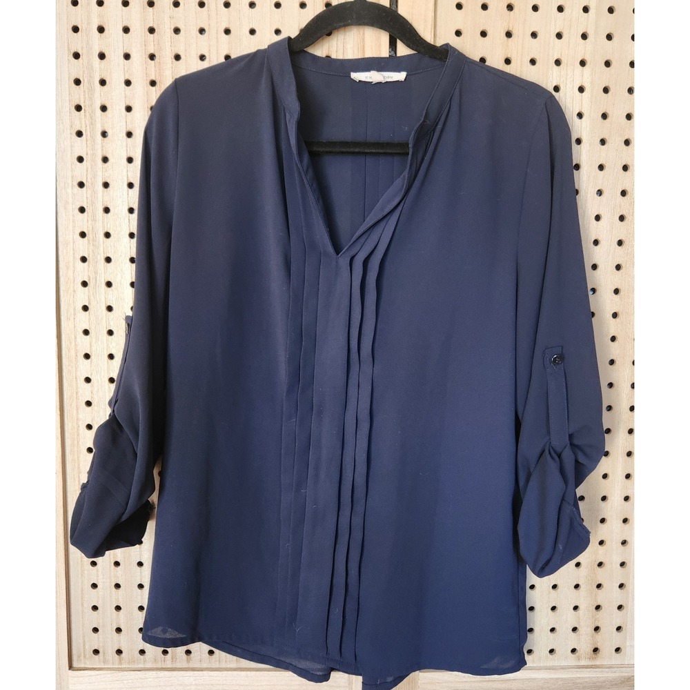 41 Hawthorn Pleated Chiffon Roll Tab Long Sleeve Blouse Top Women's S Navy Blue